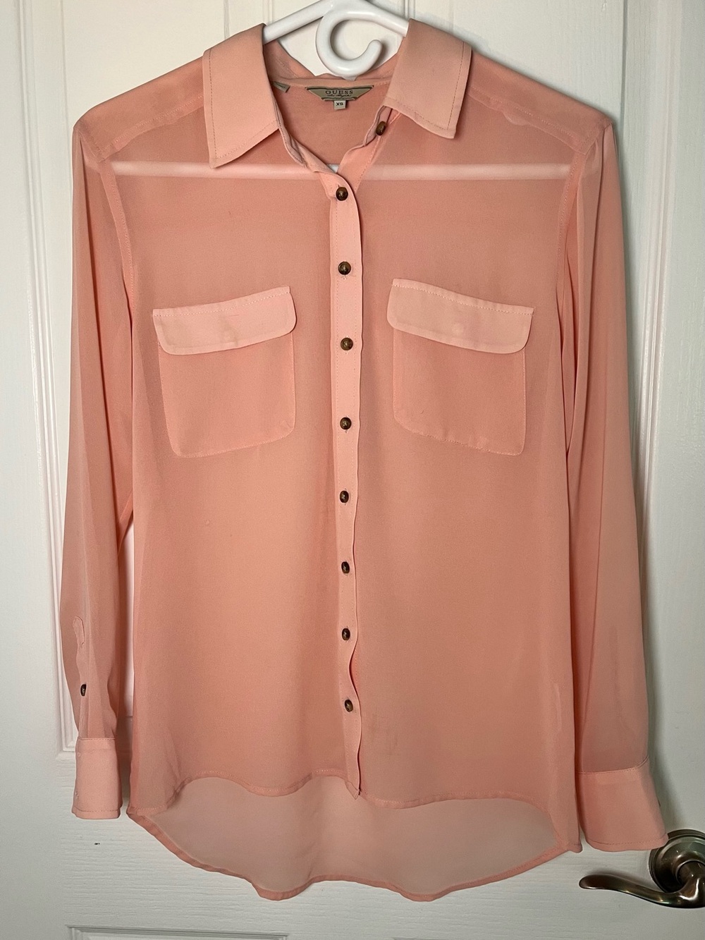 🎀 GUESS Sheer Pink/Peach High-Low Utility Blouse - Size XS